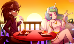 Size: 1796x1072 | Tagged: safe, artist:the-butch-x, princess celestia, oc, oc only, oc:midnight radiance (sixpathspony), alicorn, anthro, g4, anthro oc, cake, canon x oc, chair, clothes, commission, duo, female, food, male, signature, sitting, table