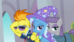 Size: 1280x720 | Tagged: safe, screencap, maud pie, spitfire, trixie, earth pony, pony, a matter of principals, g4, clothes, necktie, spitfire's tie, sunglasses, uniform, wonderbolts dress uniform