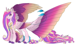 Size: 5141x3085 | Tagged: safe, artist:akumajdragon, princess cadance, alicorn, pony, g4, cloven hooves, crown, feather, feathered fetlocks, female, headcanon, jewelry, mare, regalia, simple background, smiling, solo, spread wings, tail feathers, transparent background, wings