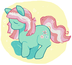 Size: 491x441 | Tagged: safe, artist:gardenslug, minty, earth pony, pony, g3, abstract background, blushing, eyes closed, female, heart, lowres, mare, ms paint, solo, sparkles