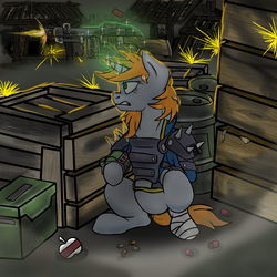 Size: 2000x2000 | Tagged: safe, artist:devorierdeos, oc, oc only, oc:littlepip, pony, unicorn, fallout equestria, armor, bandage, clothes, combat shotgun, fanfic, fanfic art, female, glowing horn, grenade, gritted teeth, gun, high res, hooves, horn, jumpsuit, levitation, magic, mare, pipbuck, shooting, shotgun, solo, telekinesis, vault suit, weapon