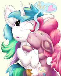 Size: 1418x1775 | Tagged: safe, artist:firefanatic, pinkie pie, princess celestia, pony, g4, cute, fluffy, heart, kissing, messy mane, missing accessory