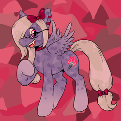 Size: 2000x2000 | Tagged: safe, artist:bwongi, oc, oc only, oc:ember, crystal pony, pegasus, pony, abstract background, bow, choker, cute, cute little fangs, ear piercing, fangs, female, glasses, hair bow, high res, jewelry, mare, piercing, raised hoof, solo, spread wings, tail bow, wings