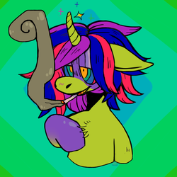 Size: 2000x2000 | Tagged: safe, artist:bwongi, oc, oc only, oc:fungusamongus, pony, unicorn, abstract background, bust, drugs, eyestrain warning, high res, horn, kaa eyes, kidcore, needs more saturation, nonbinary, portrait, smoke, smoking, solo, sparkles, stylized, swirly eyes