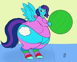 Size: 3056x2476 | Tagged: safe, artist:badgerben, artist:thewindking, oc, oc only, oc:cirrus updraft, pony, bbw, clothes, exercise ball, fat, high res, hoodie, huge butt, impossibly large butt, impossibly wide hips, large butt, socks, solo, striped socks, thick, wide hips