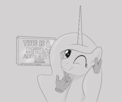 Size: 1845x1540 | Tagged: safe, artist:brisineo, discord, oc, oc only, oc:eos, alicorn, pony, fallout equestria, fallout equestria: broken bonds, artificial alicorn, blue alicorn (fo:e), fanfic art, gray background, grayscale, hand, happy, monochrome, one eye closed, petting, simple background, smiling