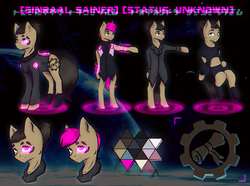 Size: 2150x1600 | Tagged: safe, artist:al1-ce, derpibooru exclusive, oc, oc only, oc:sinraal, earth pony, pony, anthro, anthro with ponies, brown hair, chromatic aberration, clothes, cutie mark, floating, glowing, hologram, male, palette, pink hair, reference sheet, scar, solo, space, stallion, standing, triangle, visor