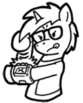 Size: 121x150 | Tagged: safe, artist:crazyperson, oc, oc only, pony, unicorn, fallout equestria, fallout equestria: commonwealth, black and white, clothes, fanfic, fanfic art, generic pony, glasses, grayscale, hooves, horn, jumpsuit, monochrome, picture for breezies, pipbuck, simple background, solo, tongue out, transparent background, vault suit