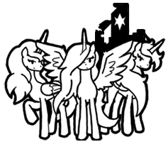 Size: 237x200 | Tagged: safe, artist:crazyperson, oc, oc only, alicorn, pony, fallout equestria, fallout equestria: commonwealth, artificial alicorn, black and white, fanfic, fanfic art, female, generic pony, grayscale, horn, mare, monochrome, picture for breezies, simple background, spread wings, transparent background, trio, wings