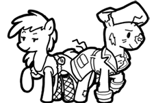 Size: 225x150 | Tagged: safe, artist:crazyperson, oc, oc only, earth pony, ghoul, pony, fallout equestria, fallout equestria: commonwealth, black and white, clothes, coat, dress, duo, fanfic, fanfic art, female, generic pony, goodneighbor, grayscale, hat, hooves, john hancock (fallout), male, mare, monochrome, picture for breezies, ponified, raised eyebrow, simple background, stallion, transparent background