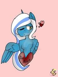 Size: 800x1067 | Tagged: safe, artist:starfoil, oc, oc:fleurbelle, alicorn, anthro, alicorn oc, deviantart watermark, female, happy, heart, hearts and hooves day, holiday, love, mare, obtrusive watermark, one eye closed, one eye open, pink background, simple background, valentine's day, watermark, yellow eyes