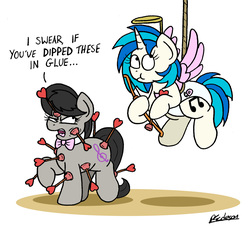 Size: 4975x4505 | Tagged: safe, artist:bobthedalek, dj pon-3, octavia melody, vinyl scratch, earth pony, pony, unicorn, g4, absurd resolution, arrow, bow (weapon), bowtie, clothes, costume, cupid, diaper, fake wings, heart arrow, hearts and hooves day, holiday, non-baby in diaper, octavia is not amused, rope, scrunchy face, suction cup, the things i do for love, this will not end well, unamused, valentine's day, wings