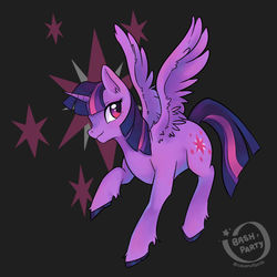 Size: 800x800 | Tagged: safe, artist:coconutbash, twilight sparkle, alicorn, pony, g4, colored hooves, cutie mark, cutie mark background, female, horn, looking at you, mare, raised hoof, signature, solo, spread wings, twilight sparkle (alicorn), unshorn fetlocks, watermark, wings