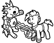 Size: 188x150 | Tagged: safe, artist:crazyperson, oc, oc only, pony, unicorn, fallout equestria, fallout equestria: commonwealth, black and white, clothes, dead, death, duo, fanfic, fanfic art, generic pony, glowing horn, grayscale, gun, hooves, horn, jumpsuit, levitation, magic, male, monochrome, murder, open mouth, picture for breezies, raider, shooting, shotgun, simple background, stallion, telekinesis, transparent background, vault suit, weapon, x eyes