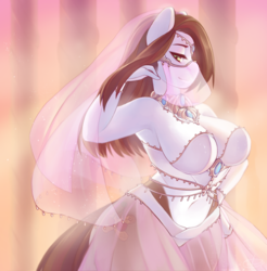 Size: 2307x2340 | Tagged: safe, artist:yamayuka, oc, oc only, earth pony, anthro, anthro oc, armpits, belly button, belly dancer, big breasts, bracelet, breasts, clothes, earth pony oc, female, hand on hip, harem, harem outfit, headdress, high res, jewelry, long hair, mare, necklace, smiling, veil, ych result