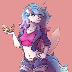 Size: 2239x2254 | Tagged: safe, artist:1an1, princess celestia, alicorn, anthro, banana, belly button, belt, breasts, clothes, female, food, fruit, hand on hip, high res, jacket, midriff, pink background, sexy, shorts, simple background, solo