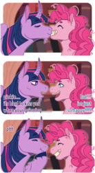 Size: 1396x2537 | Tagged: safe, artist:gross-ghost, pinkie pie, twilight sparkle, alicorn, earth pony, pony, g4, big grin, colored hooves, comic, curved horn, dialogue, eyes closed, facial hair, female, goatee, grammar error, grin, happy, horn, kissing, lesbian, looking at each other, mare, ship:twinkie, shipping, smiling, twilight sparkle (alicorn), unshorn fetlocks, wavy mouth