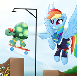 Size: 5600x5500 | Tagged: safe, artist:theretroart88, rainbow dash, tank, pegasus, pony, tortoise, equestria girls, g4, my little pony equestria girls: better together, sic skateboard, absurd resolution, clothes, equestria girls ponified, female, flying, graffiti, jacket, lamp, lamppost, mare, movie accurate, pants, ponified, ramp, scene interpretation, signature, skateboard, watermark