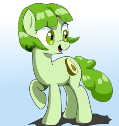 Size: 868x921 | Tagged: safe, artist:vinilyart, oc, oc only, oc:sweet avocado, earth pony, pony, avocado, earth pony oc, female, food, gradient background, looking back, mare, open mouth, open smile, raised hoof, smiling, solo