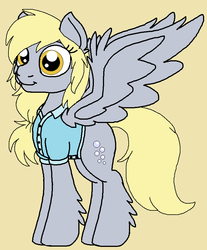 Size: 732x884 | Tagged: safe, artist:rosefang16, derpy hooves, pegasus, pony, g4, alternate hairstyle, alternate universe, bubble, clothes, cute, cutie mark, derpabetes, female, leg fluff, mare, polo shirt, shirt, simple background, solo, wing fluff, yellow background