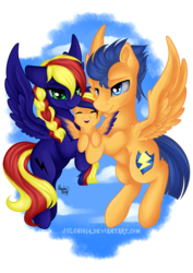 Size: 2893x4092 | Tagged: safe, artist:julunis14, flash sentry, oc, oc:jade spark, pegasus, pony, g4, canon x oc, colored wings, colored wingtips, commission, family, female, flying, jadentry, male, offspring, parent:flash sentry, parent:oc:jade spark, parents:canon x oc, parents:jadentry, shipping, straight, trio