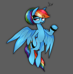 Size: 1046x1056 | Tagged: dead source, safe, artist:and-so-what, rainbow dash, pegasus, pony, g4, alternate hairstyle, eye clipping through hair, female, gray background, headband, mare, ponytail, simple background, solo