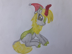 Size: 4128x3096 | Tagged: safe, artist:juani236, derpy hooves, kirin, g4, christmas, female, hat, holiday, kirin derpy hooves, kirin-ified, paper, santa hat, sitting, solo, species swap, traditional art