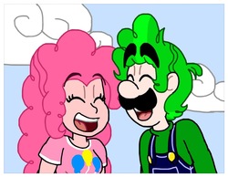 Size: 971x752 | Tagged: safe, artist:zer0cute, pinkie pie, equestria girls, g4, clothes, crossover, crossover shipping, cute, diapinkes, eyes closed, female, green hair, laughing, luigi, luigipie, male, nintendo, overalls, puffy mane, shipping, shirt, straight, super mario bros., undershirt