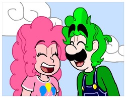 Size: 971x752 | Tagged: safe, artist:zer0cute, pinkie pie, equestria girls, g4, clothes, crossover, crossover shipping, cute, diapinkes, duo, eyes closed, female, green hair, laughing, luigi, luigipie, male, nintendo, overalls, puffy mane, shipping, shirt, straight, super mario bros., undershirt