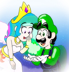 Size: 1246x1292 | Tagged: safe, artist:zer0cute, princess celestia, butterfly, human, equestria girls, g4, bracelet, cap, clothes, crossover, crown, dream, dream world, dress, gloves, glowing, hat, humanized, jewelry, luigi, luigi's hat, male, necklace, nintendo, overalls, pegasus wings, regalia, shirt, undershirt, winged humanization, wings