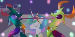 Size: 2400x1200 | Tagged: safe, artist:mightyshockwave, pharynx, princess celestia, thorax, alicorn, changedling, changeling, pony, fanfic:vore is magic, g4, changedling brothers, club, fanfic art, female, imminent vore, king thorax, male, nightclub, pass, prehensile tongue, prince pharynx, smuglestia, surprised, tangled up, thorynx, tied in a knot, tongue out, tongue tied