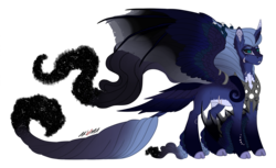 Size: 4815x2940 | Tagged: safe, artist:akumajdragon, princess luna, alicorn, pony, g4, cloven hooves, curved horn, fangs, female, headcanon, horn, hybrid wings, jewelry, leonine tail, missing cutie mark, redesign, regalia, scar, simple background, slit pupils, solo, spread wings, transparent background, unshorn fetlocks, wings