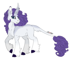 Size: 3659x3057 | Tagged: safe, artist:akumajdragon, rarity, classical unicorn, pony, unicorn, g4, cloven hooves, curved horn, female, headcanon, high res, horn, leonine tail, lip piercing, missing cutie mark, piercing, redesign, simple background, smiling, solo, transparent background, unshorn fetlocks