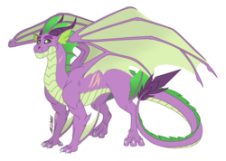 Size: 4991x3550 | Tagged: safe, artist:akumajdragon, spike, dragon, g4, claws, dragon wings, fangs, headcanon, horns, long description, male, older, older spike, quadrupedal, quadrupedal spike, redesign, scar, simple background, smiling, solo, spread wings, transparent background, winged spike, wings