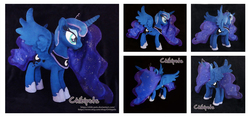 Size: 2558x1200 | Tagged: safe, artist:chibi-pets, princess luna, alicorn, pony, g4, crown, ethereal mane, female, flowing mane, hoof shoes, irl, jewelry, mare, minky, photo, plushie, regalia, smiling, solo, starry mane, wings