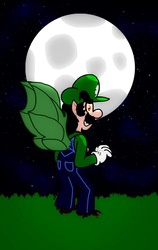 Size: 908x1434 | Tagged: safe, artist:zer0cute, human, vampire, bat wings, cap, clothes, crossover, cute, cute little fangs, fangs, gloves, green wings, hat, humanized, looking at you, luigi, luigi's hat, male, moon, moonlight, night, no pony, overalls, shirt, shoes, smiling, super mario bros., undershirt, winged humanization, wings