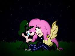 Size: 1011x758 | Tagged: safe, artist:zer0cute, fluttershy, bat pony, vampire, equestria girls, g4, bat ponified, bat wings, cap, clothes, crossover, cute, cute little fangs, fangs, flutterbat, gloves, hat, looking at each other, luigi, luigi's hat, luigishy, male, night, nintendo, overalls, race swap, scared, shirt, shoes, super mario bros., undershirt, wings