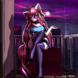 Size: 4096x4096 | Tagged: safe, artist:cali luminos, oc, oc only, oc:aine, unicorn, anthro, plantigrade anthro, absurd resolution, anthro oc, breasts, cigarette, clothes, feet, female, moon, night, sexy, signature, solo