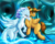 Size: 5000x4000 | Tagged: safe, artist:danmakuman, oc, oc only, alicorn, dragon, pony, absurd resolution, alicorn oc, blushing, cave, commission, dragon oc, duo, female, flower, flower in hair, ice dragon, mare, tail wrap, water, wings