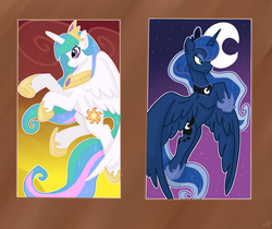 Size: 2500x2101 | Tagged: source needed, safe, artist:redpalette, princess celestia, princess luna, alicorn, pony, g4, duo, elegant, female, flying, high res, jewelry, mare, moon, painting, regalia, sisters, sun