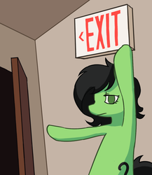 Size: 1000x1150 | Tagged: safe, alternate version, artist:bgmcat, derpibooru exclusive, oc, oc only, oc:filly anon, earth pony, pony, :|, bipedal, commission, door, exit, exit sign, female, filly, filly anon is not amused, frown, get out, hoof hold, lidded eyes, looking at you, meme, pointing, ponified, reaction image, solo, unamused