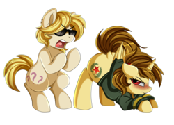 Size: 3262x2346 | Tagged: safe, artist:pridark, oc, oc only, oc:ariel radiance, oc:katya ironstead, alicorn, pony, alicorn oc, annoyed, blushing, clothes, commission, dock, duo, ear fluff, face down ass up, female, flank, gangnam style, high res, jacket, male, mare, open mouth, simple background, stallion, sunglasses, transparent background