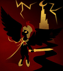 Size: 1280x1430 | Tagged: safe, artist:teatrtenei, part of a set, flash magnus, pegasus, pony, g4, epic, helmet, limited palette, male, silhouette, solo, spread wings, stallion, sword, weapon, wings