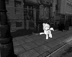 Size: 1280x1024 | Tagged: safe, artist:scraggleman, oc, oc only, oc:home sick, pegasus, pony, fence, monochrome, pointing, solo, story included, story:lost and found