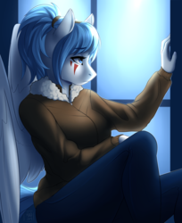 Size: 2318x2846 | Tagged: safe, artist:fairdahlia, oc, oc only, oc:valkre siriusa, oc:valkyrie, pegasus, anthro, anthro oc, clothes, female, high res, mare, solo, window