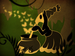 Size: 1280x953 | Tagged: safe, artist:teatrtenei, part of a set, meadowbrook, butterfly, pony, g4, cauldron, female, healer's mask, limited palette, mare, mask, silhouette, solo