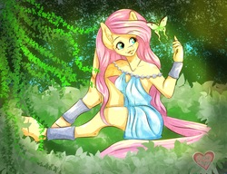 Size: 2600x2000 | Tagged: safe, artist:lucaaegus, fluttershy, butterfly, pegasus, anthro, unguligrade anthro, g4, clothes, dress, female, high res, mare, smiling, solo