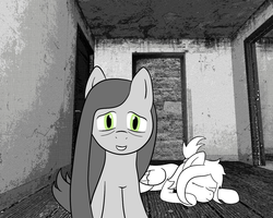 Size: 1280x1024 | Tagged: safe, artist:scraggleman, oc, oc only, oc:home sick, earth pony, pegasus, pony, bags under eyes, long mane, monochrome, story included, story:lost and found