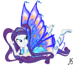 Size: 2865x2555 | Tagged: safe, artist:sparkling-sunset-s08, rarity, fairy, equestria girls, g4, the other side, barefoot, barely eqg related, clothes, crossover, crown, enchantix, fairy dust, fairy wings, fairyized, feet, female, gloves, high res, humanized, jewelry, long gloves, long hair, pigtails, rainbow s.r.l, regalia, solo, sparkly wings, stella (winx club), winged humanization, wings, winx, winx club, winxified