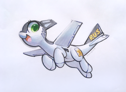 Size: 3767x2762 | Tagged: safe, artist:dawnfire, oc, oc only, oc:ruffle, original species, plane pony, pony, f-4 phantom ii, female, flying, high res, jet, jet fighter, jet plane, open mouth, plane, simple background, smiling, solo, traditional art